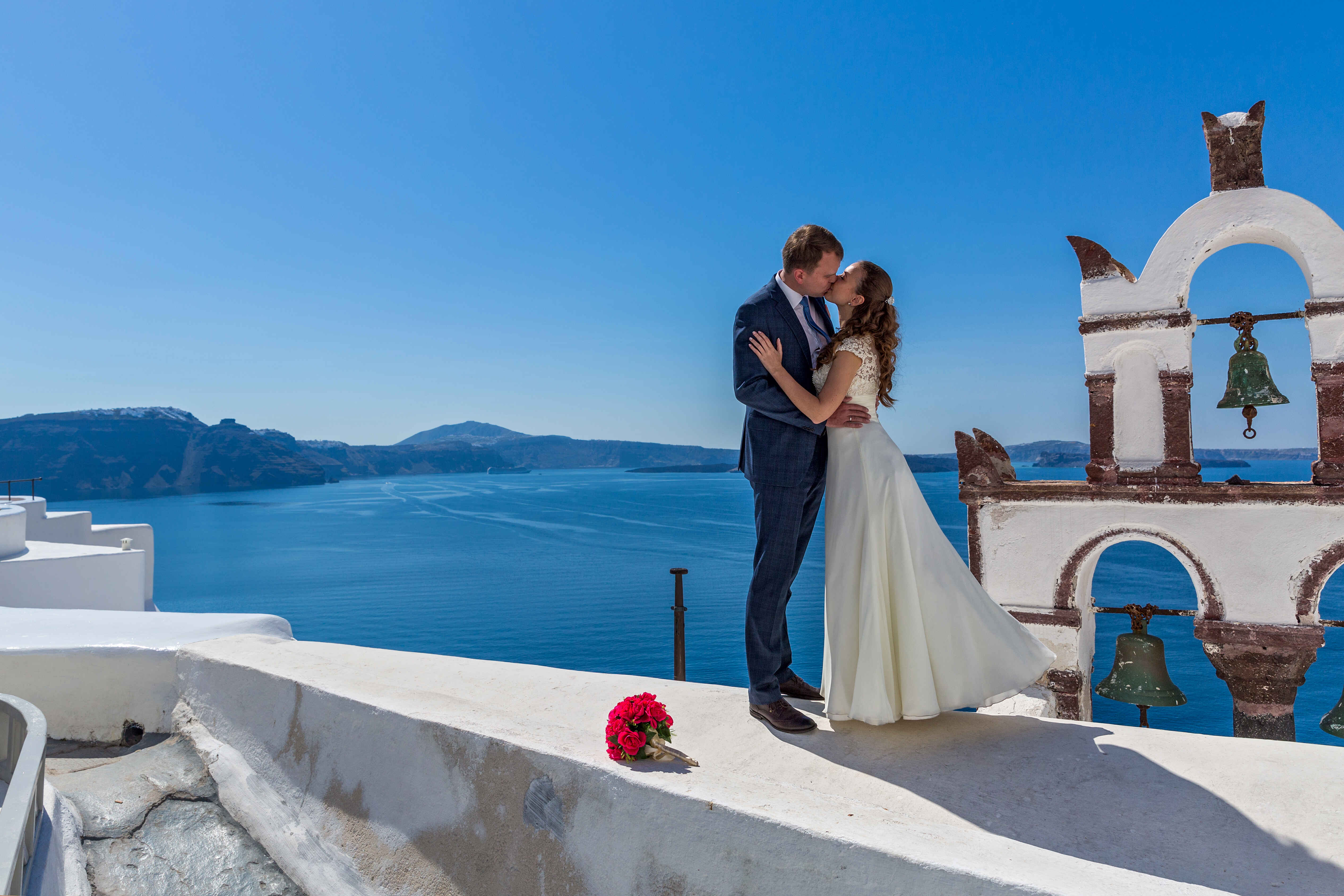 Wedding couple  on the background   island Santorini